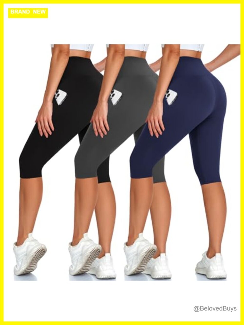 Women's 3 Pack Knee Length Capri Leggings High Waist Tummy Control